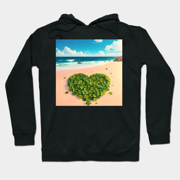 Heart Shaped Four Leaf Clover Patch On Beach 4 Hoodie by MiracleROLart